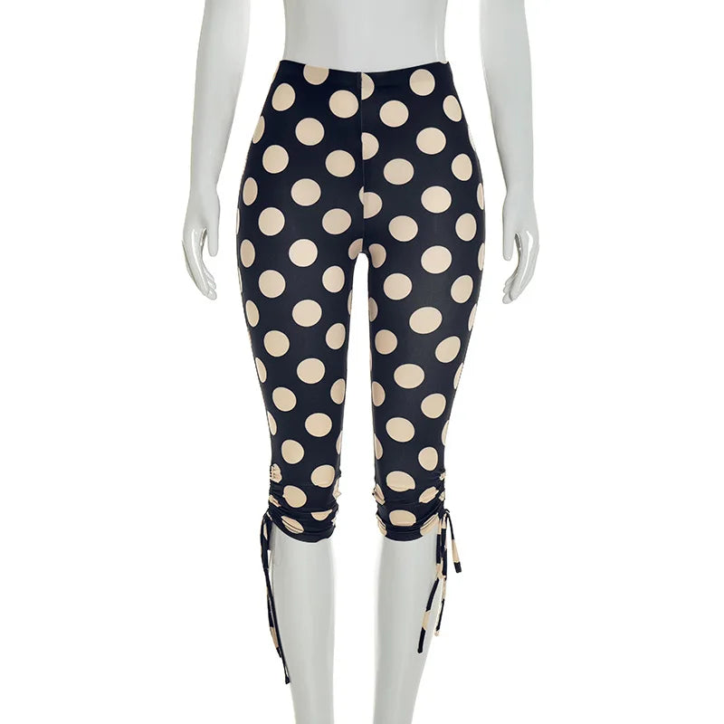 Polka Dot Patchwork Capri Pants With Drawstring Waist