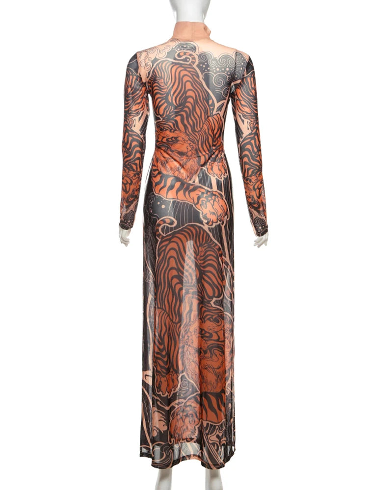 Tiger Print Sheer Long Sleeve Top With High Neck And Slits Street Style
