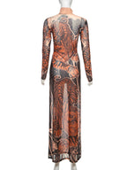 Tiger Print Sheer Long Sleeve Top With High Neck And Slits Street Style