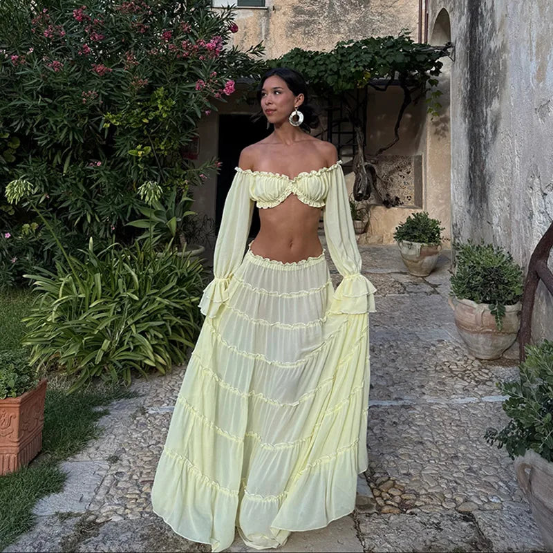 Women Fashion Yellow Off Shoulder Ruffled Two Piece Set Long Sleeve Crop Top Tiered Maxi Skirt