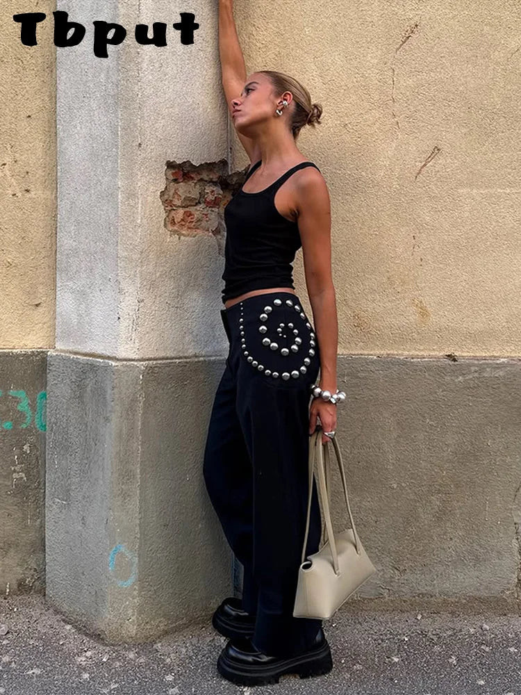 Spiral Rivet Decor Wide Leg Pants With Elastic Waist