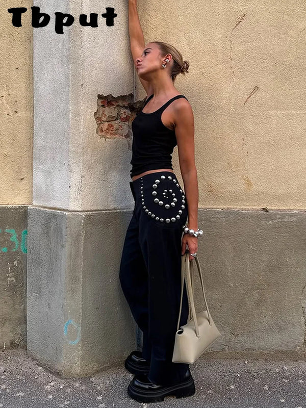 Spiral Rivet Decor Wide Leg Pants With Elastic Waist
