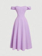Romantic Off-Shoulder Corset Midi Dress With Bow Sleeves