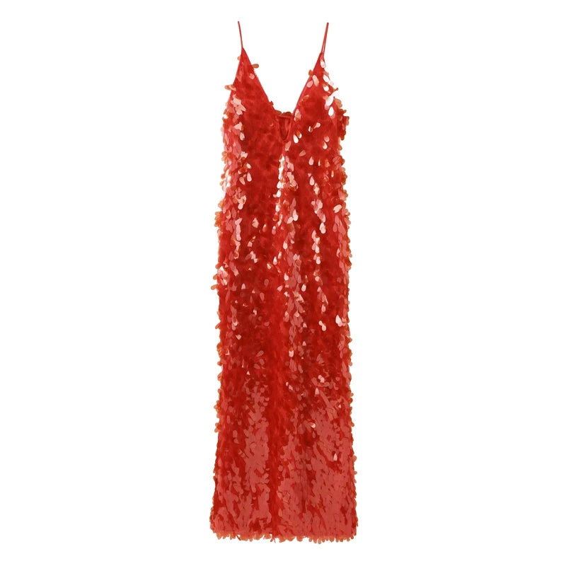 Gleaming Sequined V Neck Maxi Dress Sleeveless Backless High Waist Gown