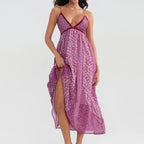 Women's Boho Chiffon Floral Print Long Strap Backless Maxi Dress