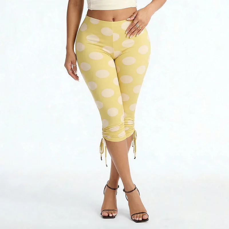 Polka Dot Patchwork Capri Pants With Drawstring Waist
