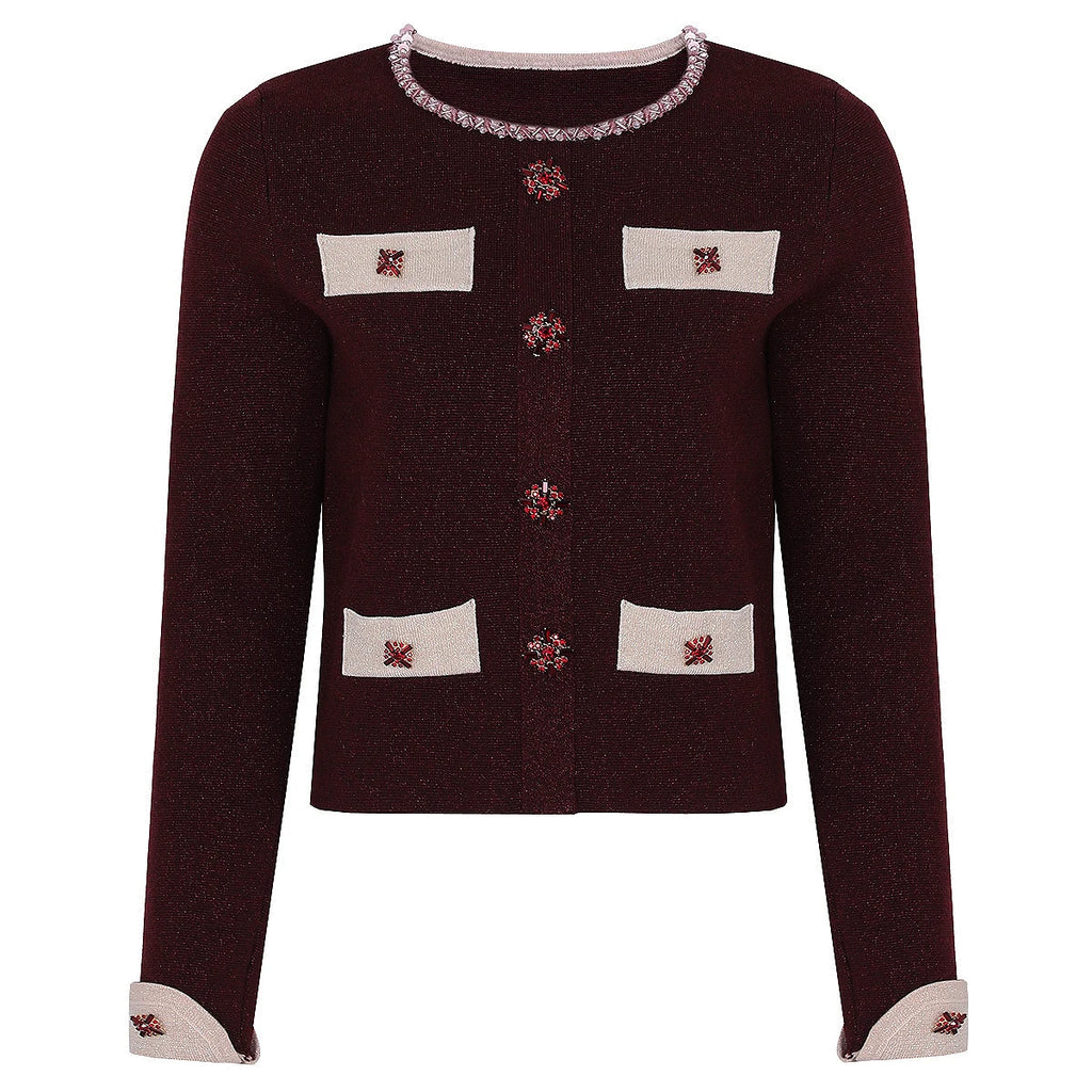 Diamond Buckle Knit Top With Elastic Fit Long Sleeve Pullover Round Neck For Women
