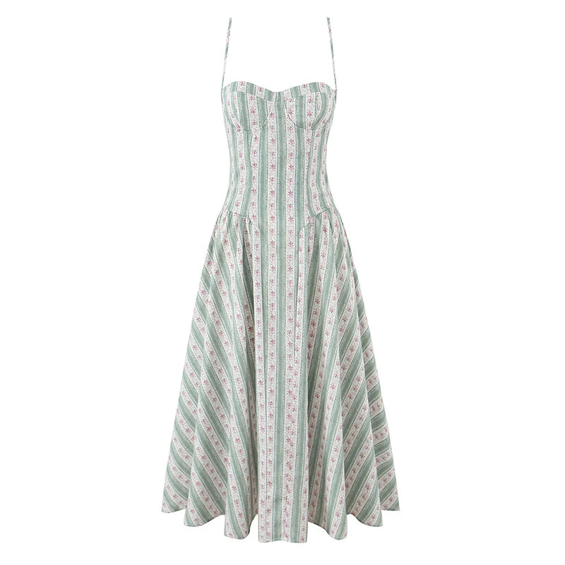 Spaghetti Strap Striped Floral Midi Dress For Women Elegant A Line
