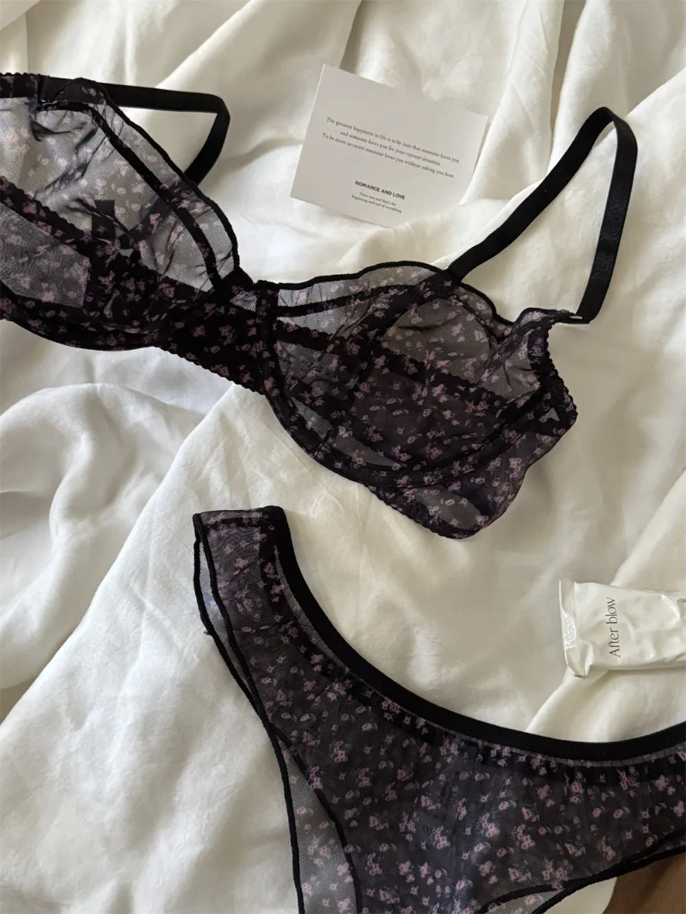 French Ultra Thin Lace Floral Lingerie Set With Plunge Mesh Bra And Matching Thong