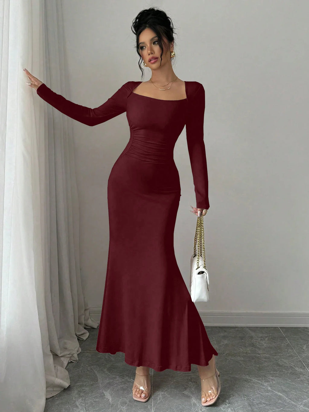 Retro Square Collar Dress With Long Sleeves In Solid Color