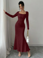 Retro Square Collar Dress With Long Sleeves In Solid Color