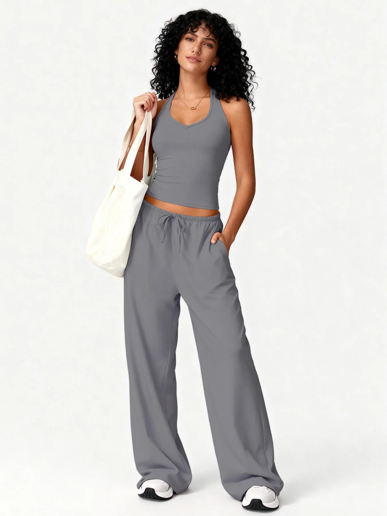 Two Piece Set With Sleek V Neck Tank Backless Detail And Wide Leg Pants