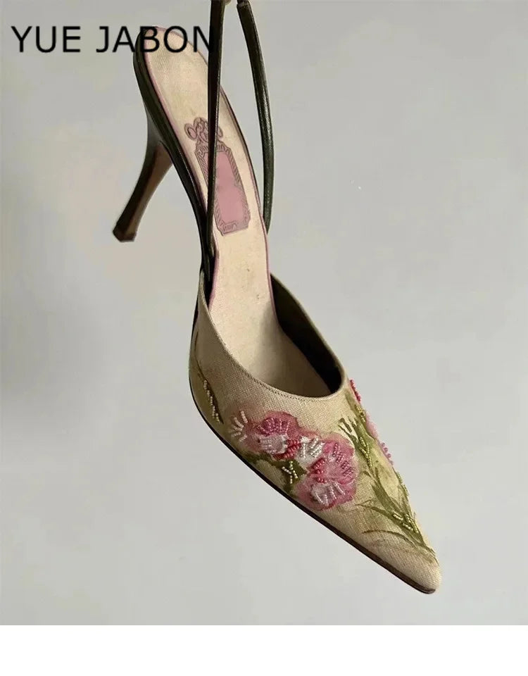 Floral Embroidered Slingback Stiletto Sandals With Pointed Toe High Heels