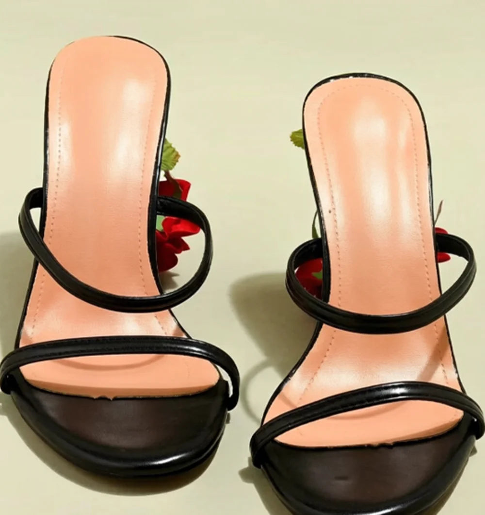 Open Toe Strappy Sandals With Rose Stem Heel Multicolor Leather Straps And Floral Accent