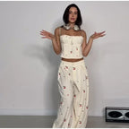 Chic Strips Pants Women Set Patchwork Slash Neck Bandage Top Pleated Asymmetry Trousers