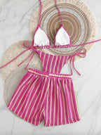 Retro Striped 3 Pieces Knitted Mesh String Bikini Set Swimsuit