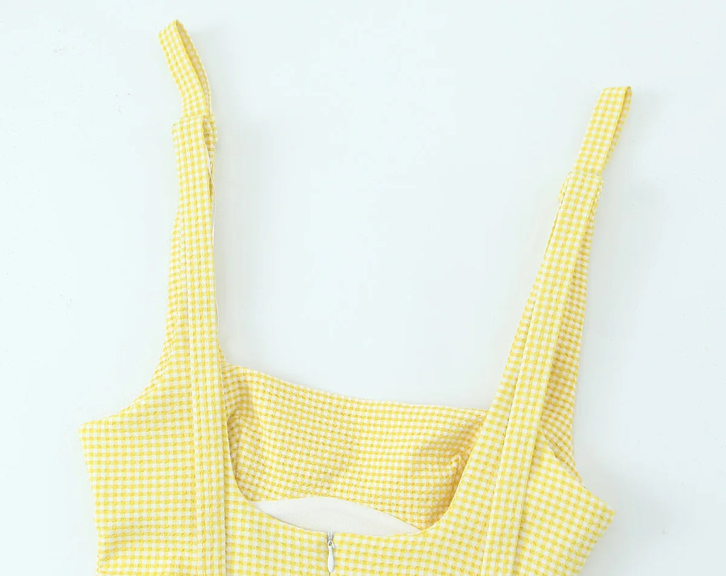 Gingham Bow Mini Dress With Square Neck High Waist Bodycon