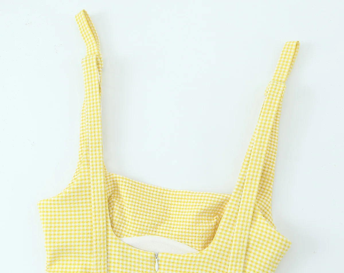 Gingham Bow Mini Dress With Square Neck High Waist Bodycon