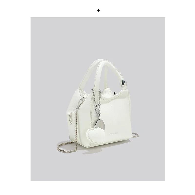 Romantic Litchi Grain Mini Shoulder Bag With Heart Pendant And Delicate Chain Strap