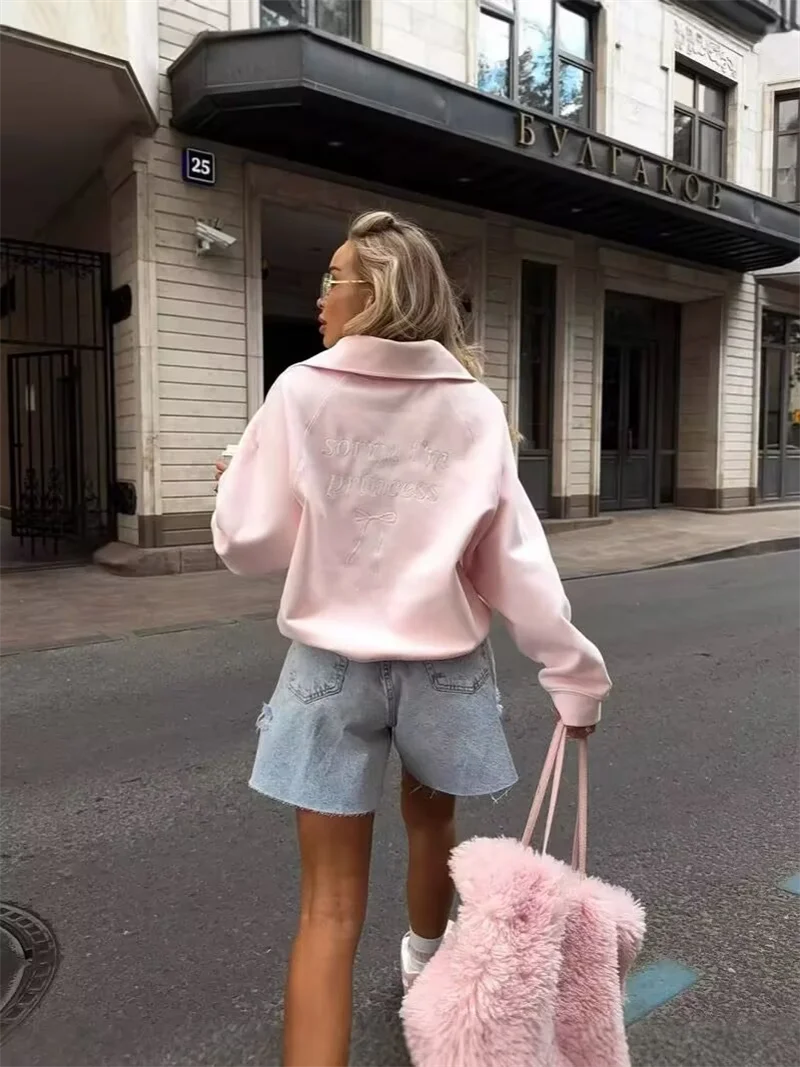 Fashion Women Pink Sweatshirt Vintage  Pullover Loose Half Zip Letter Embroidery Outwear