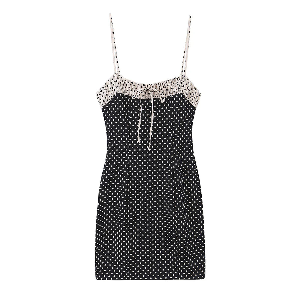 Black Polka Dot Summer Mini Dress With Bow Detail Sleeveless Slimming Waist