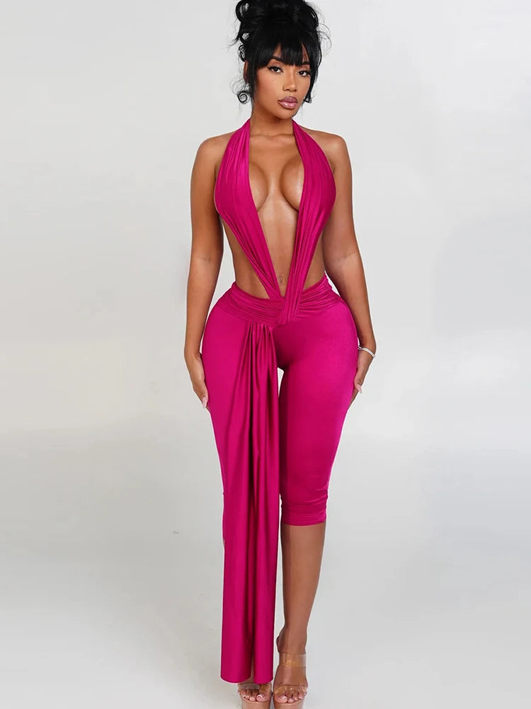 Midnight Patchwork Halter Romper Backless Slim Fit