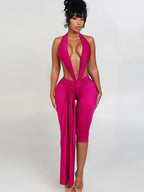 Midnight Patchwork Halter Romper Backless Slim Fit