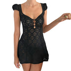 Sheer Lace Mini Dress With V Neck Short Sleeves Hollow Details