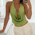 Silky Satin Halter Crop Top With Cowl Neck Backless