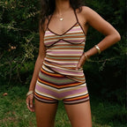 Vintage Cute 2 Piece Sexy Tie Backless Halter Crop Top + Skinny Mini Shorts Women Y2k Striped Short Set