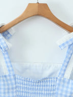 Women New Fashion Sweet Plaid Chic Lace Patchwork French Square Collar Backless Top