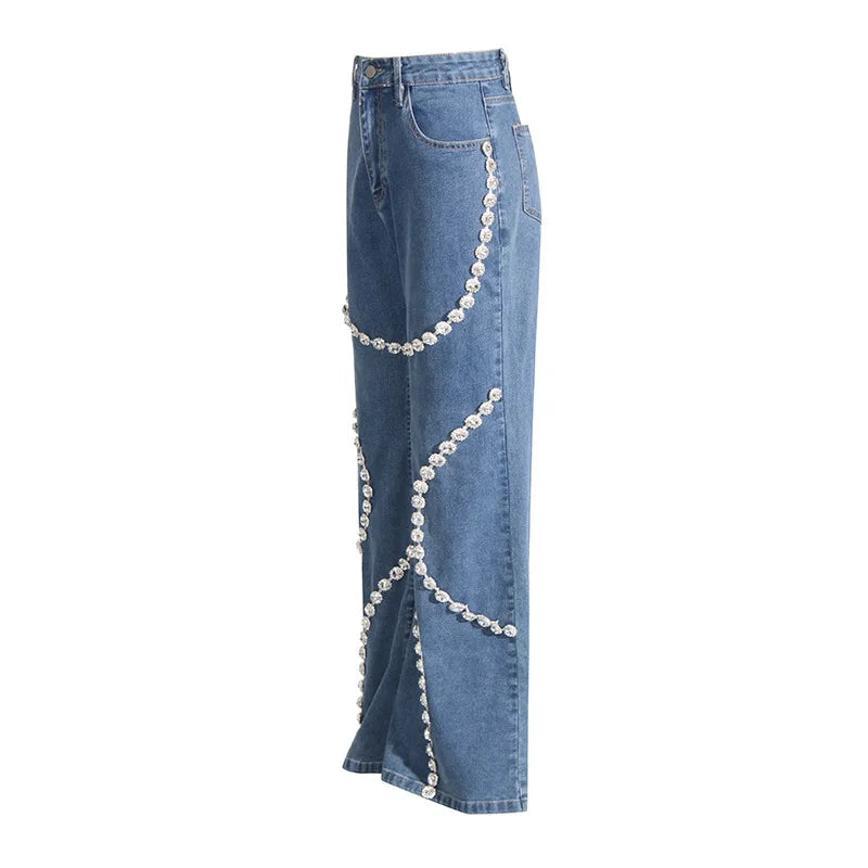 Glimmering Rhinestone Patchwork Denim With Loop Detail For A Chic Straight Leg Silhouette