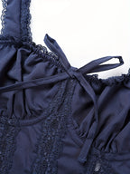 Royal Blue Lace Trim Corset Top With Steel Boning And Bow Shaped Double Shoulder Straps