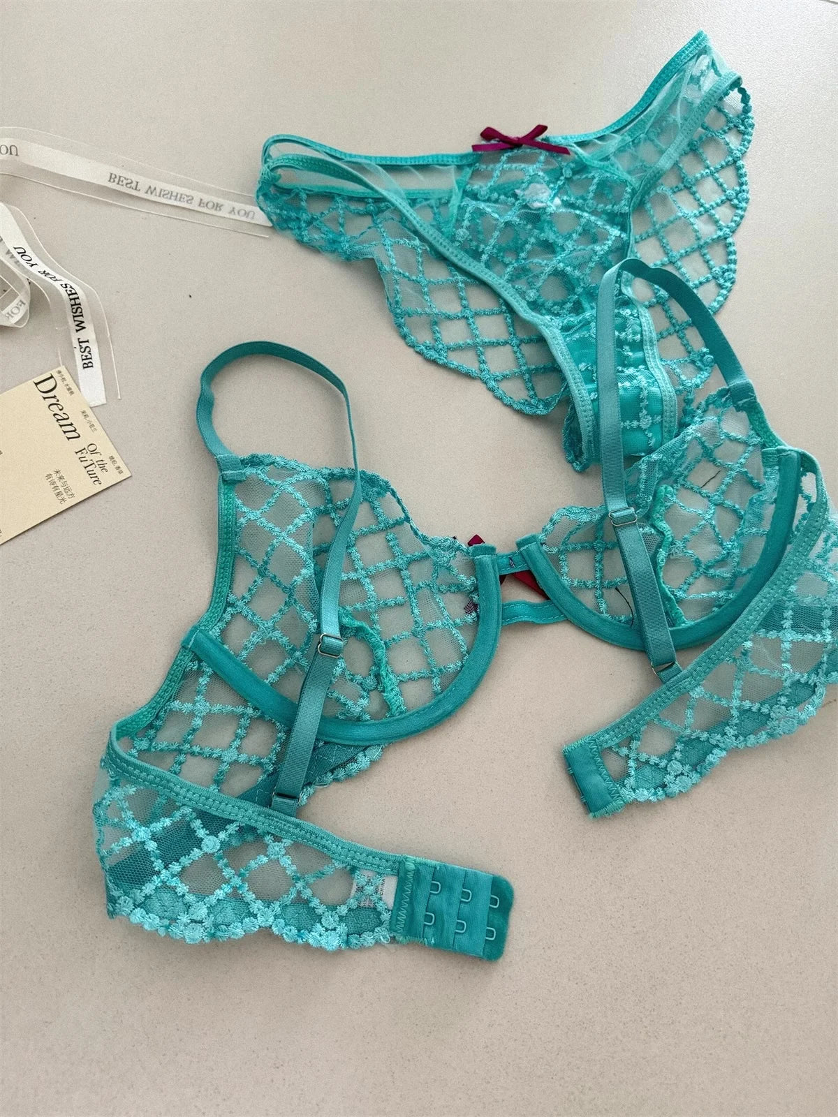 Lace Ultra-Thin Push-Up Bra Panty and Garter Set in Blue Transparent Lattice