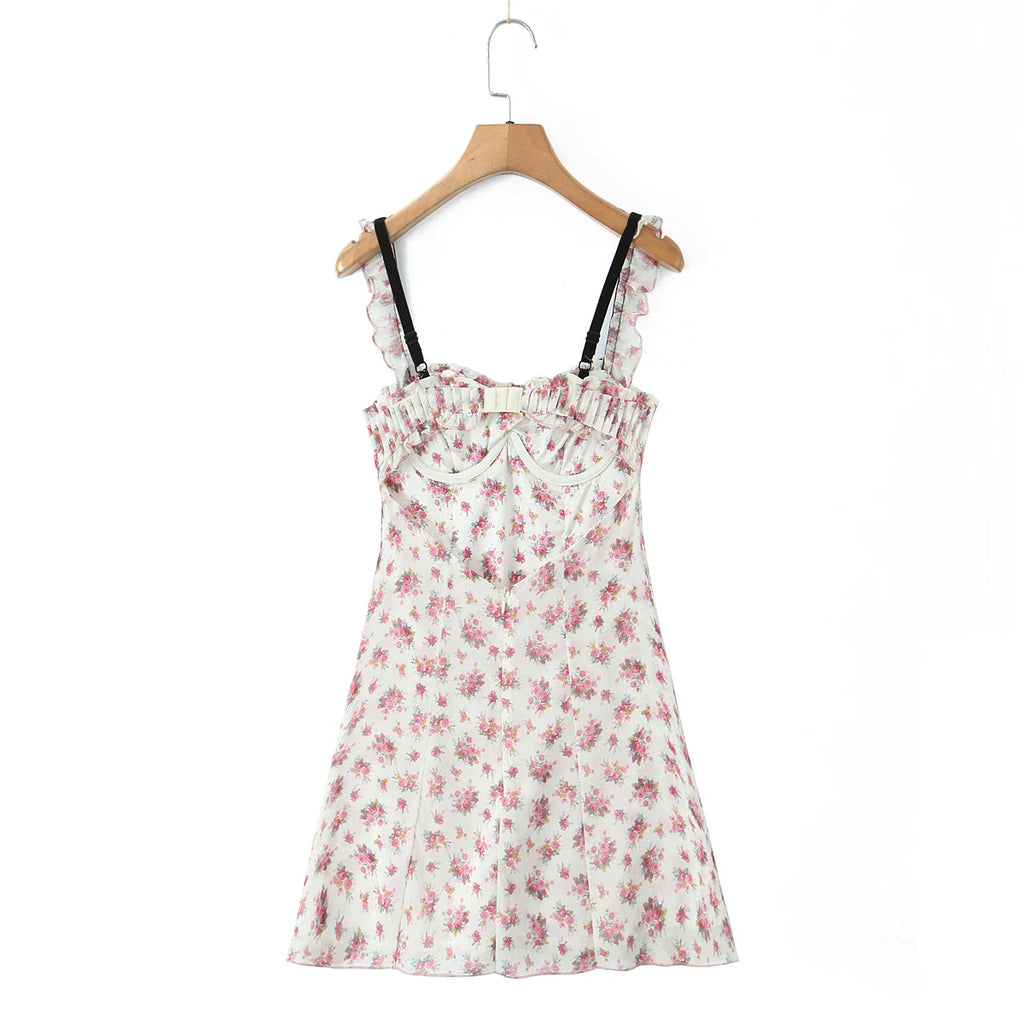 Romantic Beige Pink Flower Sling Sexy Dress Ruched Bra Backless  Dress