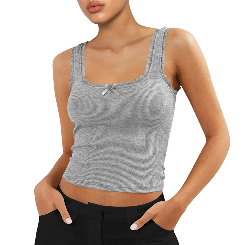 Coquette Lace Trim Knit Crop Top With Bow Sleeveless Square Collar