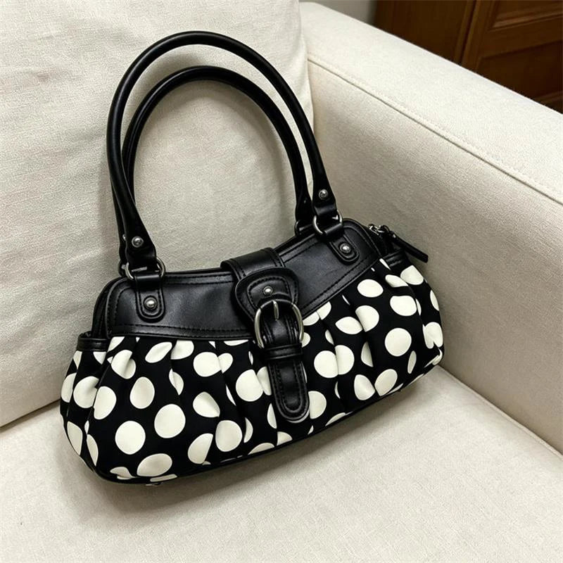 Retro Polka Dot Underarm Bag For Women With Belt Buckle Patchwork Rivet Design Everyday Vintage Charm