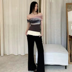 Bold Tie Dye Mesh Crop Top With Slash Neck And Patchwork