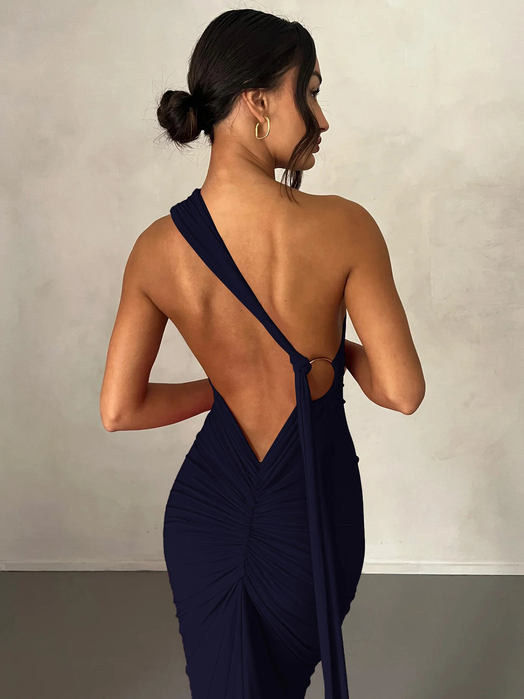 One Shoulder Backless Ruched Slim Long Dress