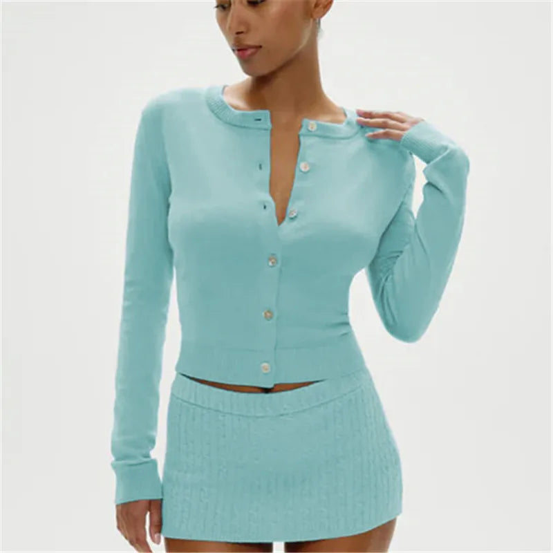 Cozy Knit Cardigan Top Round Neck Long Sleeve Slim Fit Sweater