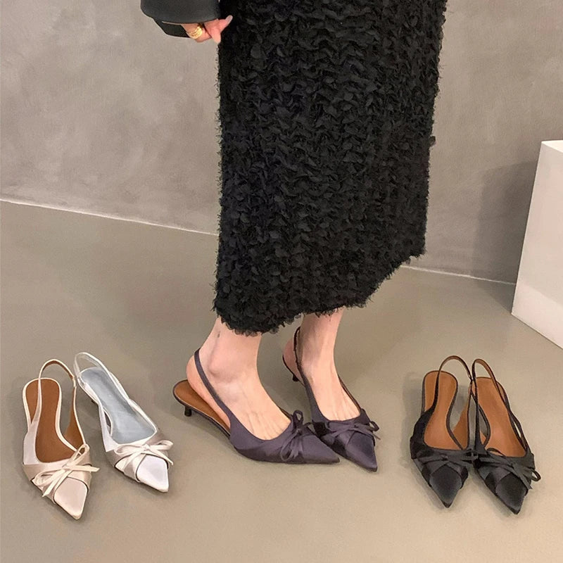 Bowtie Silk Sandals With Pointed Toe And Slim Slingback Heels