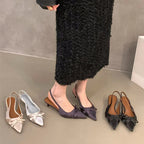 Bowtie Silk Sandals With Pointed Toe And Slim Slingback Heels