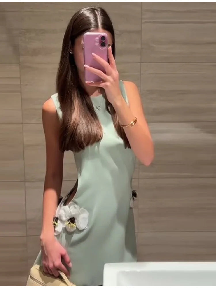 Lady 3D Flower Sleeveless Mini Dress Light Green