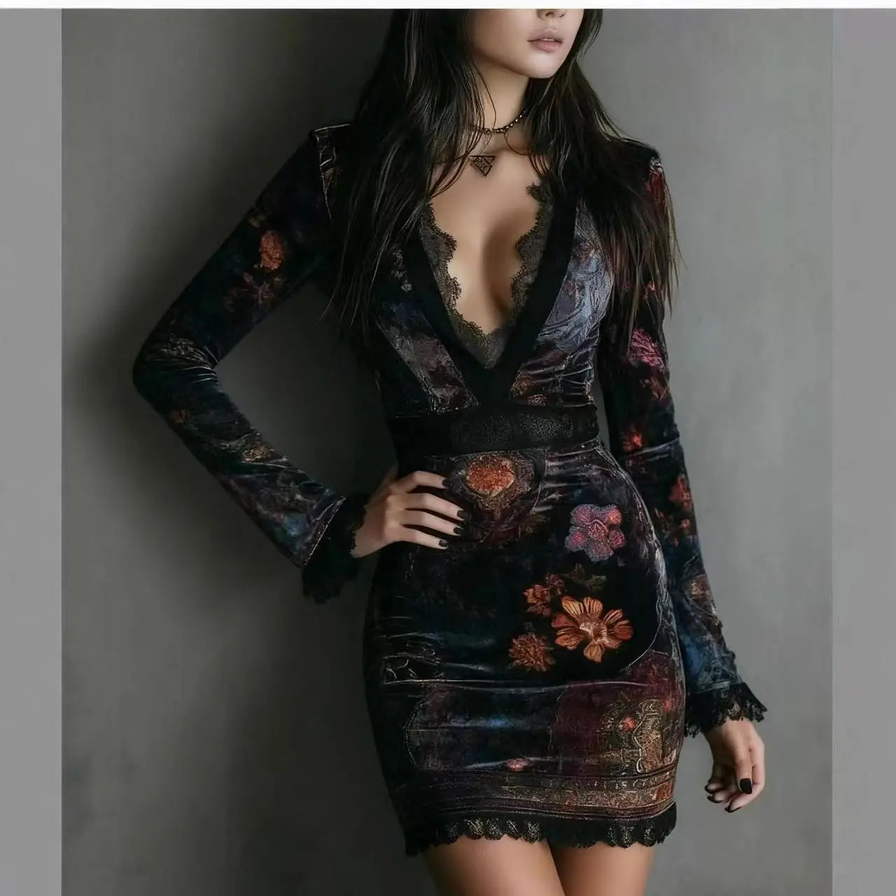 Velvet Floral Print Deep V Neck Mini Dress With Lace Trim And Long Sleeve
