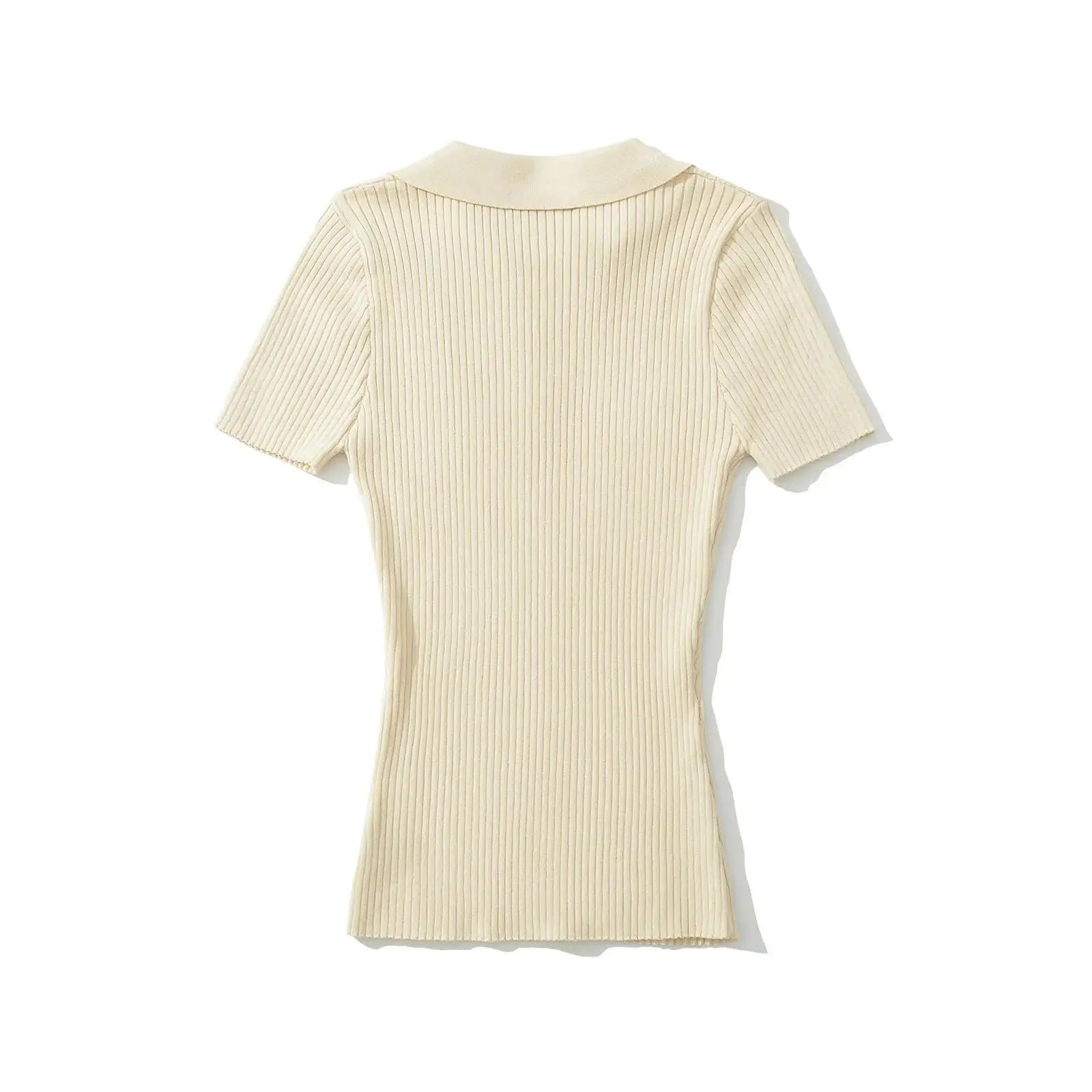 Knit Turn Down Collar Pullover For Women Slim Stretch Short Sleeve Top