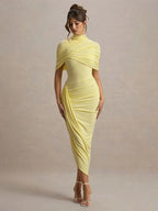 Blue Irregular Shawl Maxi Dress Slim Fit Pleated Turtleneck Elegant Evening