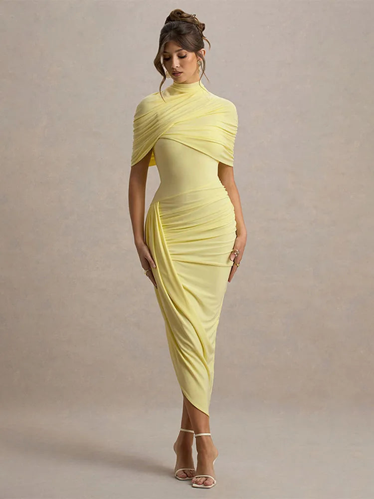Blue Irregular Shawl Maxi Dress Slim Fit Pleated Turtleneck Elegant Evening