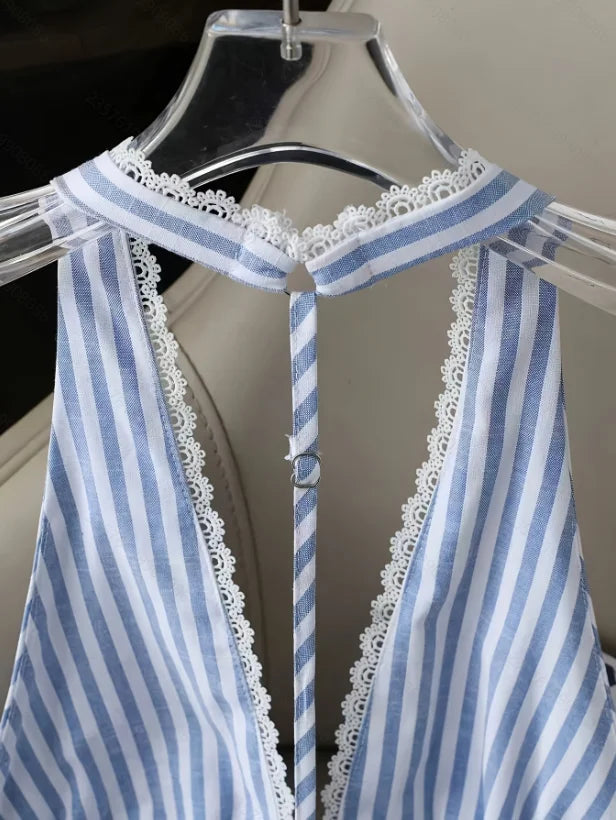Women Halter Backless Striped Blouse Top Sleeveless