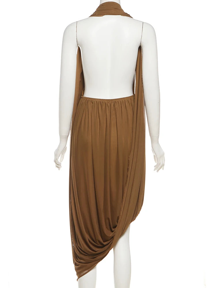 Chic Ruched Halter Bodycon Dress Backless Deep V Neck