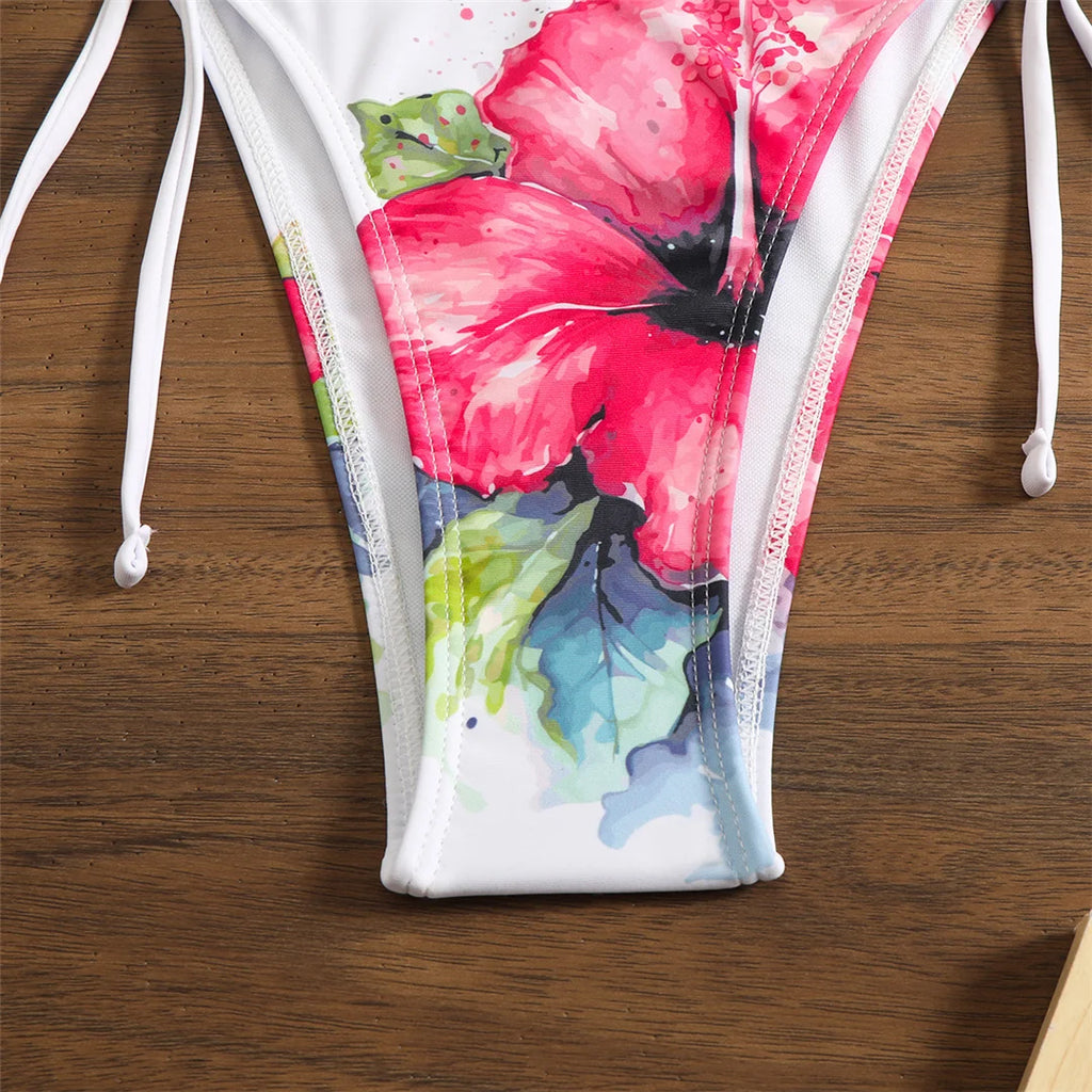 Flowers Printed With Skirt Halter Bikini Three-pieces Bikini set